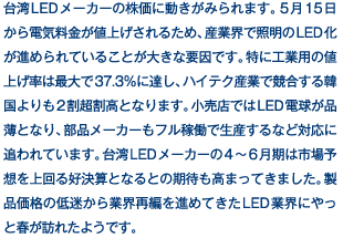 台湾LEDメーカーの株価に動きがみられます。5月15日から電気料金が値上げされるため、産業界で照明のLED化が進められていることが大きな要因です。特に工業用の値上げ率は最大で37.3％に達し、ハイテク産業で競合する韓国よりも2割超割高となります。小売店ではLED電球が品薄となり、部品メーカーもフル稼働で生産するなど対応に追われています。台湾LEDメーカーの4～6月期は市場予想を上回る好決算となるとの期待も高まってきました。製品価格の低迷から業界再編を進めてきたLED業界にやっと春が訪れたようです。