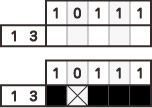 左の列のように、数字が複数あるときは数字の並んでいる順番どおりにマスを塗りつぶします。数字と数字の間には必ず１マス以上の空白が入ります。空白が確定できたら×マークをつけましょう。