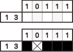 左の列のように、数字が複数あるときは数字の並んでいる順番どおりにマスを塗りつぶします。数字と数字の間には必ず1マス以上の空白が入ります。空白が確定できたら×マークをつけましょう。