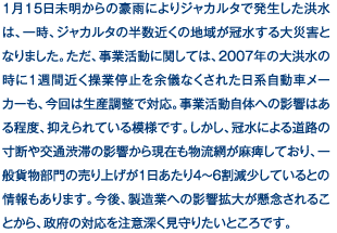 1月15日未明からの豪雨によりジャカルタで発生した洪水は、一時、ジャカルタの半数近くの地域が冠水する大災害となりました。ただ、事業活動に関しては、2007年の大洪水の時に1週間近く操業停止を余儀なくされた日系自動車メーカーも、今回は生産調整で対応。事業活動自体への影響はある程度、抑えられている模様です。しかし、冠水による道路の寸断や交通渋滞の影響から現在も物流網が麻痺しており、一般貨物部門の売り上げが1日あたり4～6割減少しているとの情報もあります。今後、製造業への影響拡大が懸念されることから、政府の対応を注意深く見守りたいところです。