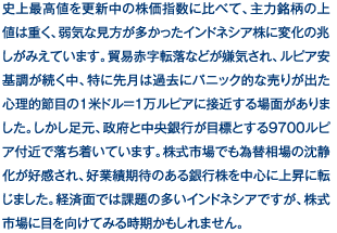 史上最高値を更新中の株価指数に比べて、主力銘柄の上値は重く、弱気な見方が多かったインドネシア株に変化の兆しがみえています。貿易赤字転落などが嫌気され、ルピア安基調が続く中、特に先月は過去にパニック的な売りが出た心理的節目の1米ドル=1万ルピアに接近する場面がありました。しかし足元、政府と中央銀行が目標とする9700ルピア付近で落ち着いています。株式市場でも為替相場の沈静化が好感され、好業績期待のある銀行株を中心に上昇に転じました。経済面では課題の多いインドネシアですが、株式市場に目を向けてみる時期かもしれません。