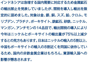 インドネシアは急増する国内需要に対応するため金属鉱石の輸出禁止を発表していましたが、関税を導入し輸出を限定的に認めました。対象は金、銀、銅、スズ、鉛、クロム、モリブデン、プラチナ、ボーキサイト、鉄鉱石、砂鉄、ニッケル、マンガン、アンチモンの14品目で、輸出関税の導入により今年はニッケルとボーキサイトの輸出量が75％以上減少するとの見方もあります。日本はニッケルの輸入の5割以上、中国もボーキサイトの輸入の8割近くを同国に依存しているため、国内の非鉄金属企業はもちろん、資源輸入国への影響が懸念されます。