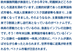 欧州債務問題が表面化してから早2年。問題解決どころかむしろ混迷を深めています。比較的好調であった新興国株式市場も、外国人投資家のリスク回避姿勢も強まり、上値が重くなってきました。そのようななか、主要指数が年初来で3割弱上昇し逆行高となっているのがベトナムです。株高の原動力となっているのは、急速なインフレの沈静化です。そう！昨年末以降、新興国市場を牽引している「インフレ沈静化→金融緩和→株高」の流れに、ベトナムが遅ればせながら乗ったとみられます。世界市場に逆風が吹き荒れる今、ベトナム市場が注目されます。