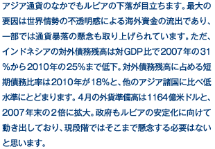 アジア通貨のなかでもルピアの下落が目立ちます。最大の要因は世界情勢の不透明感による海外資金の流出であり、一部では通貨暴落の懸念も取り上げられています。ただ、インドネシアの対外債務残高は対GDP比で2007年の31％から2010年の25％まで低下。対外債務残高に占める短期債務比率は2010年が18％と、他のアジア諸国に比べ低水準にとどまります。4月の外貨準備高は1164億米ドルと、2007年末の2倍に拡大。政府もルピアの安定化に向けて動き出しており、現段階ではそこまで懸念する必要はないと思います。