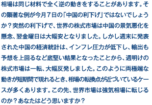 相場は同じ材料で全く逆の動きをすることがあります。その顕著な例が今月7日の「中国の利下げ」ではないでしょうか？突然の利下げで、世界の株式市場は中国の景気悪化を懸念、翌金曜日は大幅安となりました。しかし週末に発表された中国の経済統計は、インフレ圧力が低下し、輸出も予想を上回るなど底堅い結果となったことから、週明けの株式市場は一転、大幅反発しました。このように両極端な動きが短期間で現れるとき、相場の転換点が近づいているケースが多くあります。この先、世界市場は強気相場に転じるのか？あなたはどう思いますか？