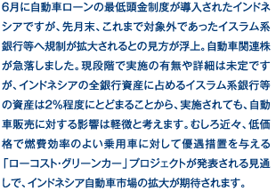 6月に自動車ローンの最低頭金制度が導入されたインドネシアですが、先月末、これまで対象外であったイスラム系銀行等へ規制が拡大されるとの見方が浮上。自動車関連株が急落しました。現段階で実施の有無や詳細は未定ですが、インドネシアの全銀行資産に占めるイスラム系銀行等の資産は2％程度にとどまることから、実施されても、自動車販売に対する影響は軽微と考えます。むしろ近々、低価格で燃費効率のよい乗用車に対して優遇措置を与える「ローコスト・グリーンカー」プロジェクトが発表される見通しで、インドネシア自動車市場の拡大が期待されます。