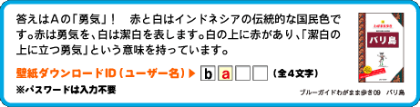 答えはAの「勇気」！　赤と白はインドネシアの伝統的な国民色です。赤は勇気を、白は潔白を表します。白の上に赤があり、「潔白の上に立つ勇気」という意味を持っています。壁紙ダウンロードID（ユーザー名）：2文字目は　a （全4文字）